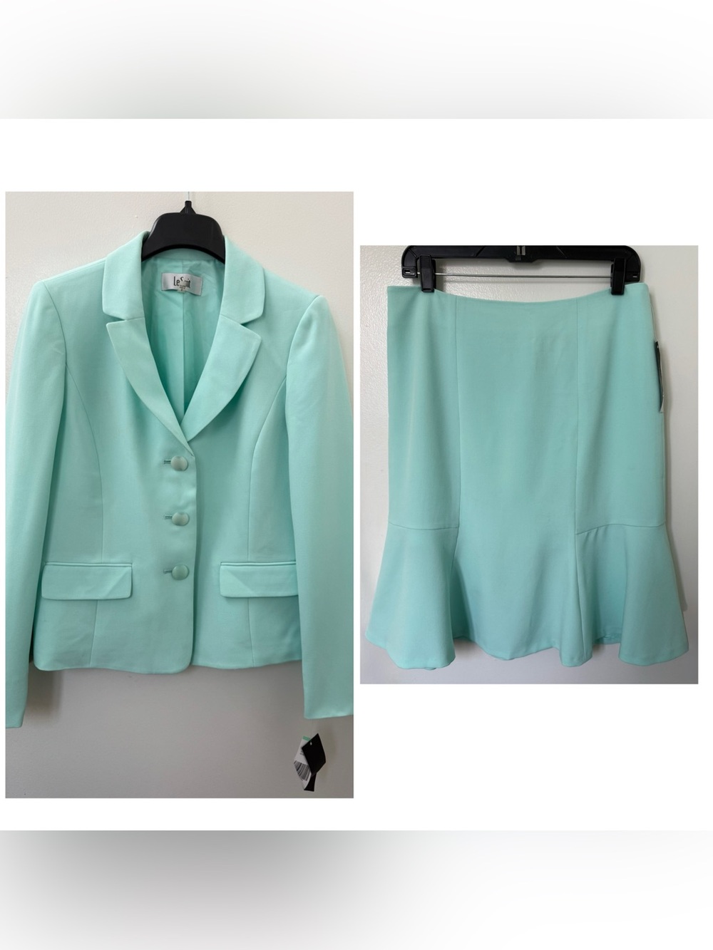 NEW! Le Suit Cloud / Mint Suit with Blazer + Ruffle Skirt Tailored Size 8